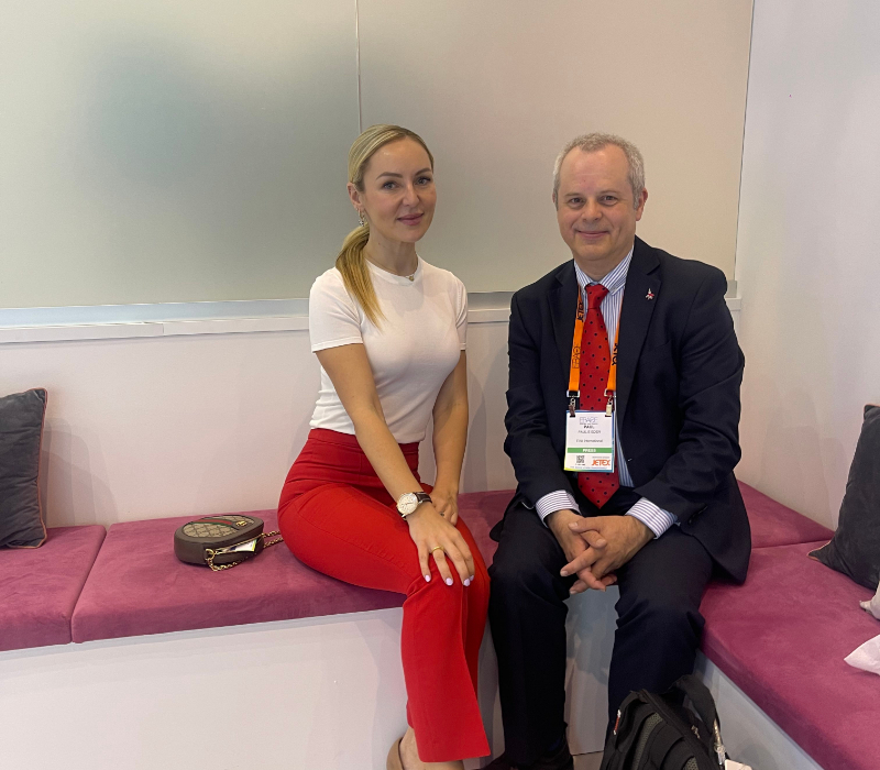 Sarah Keates at EBACE with EVA Air discussing corporate values in business aviation